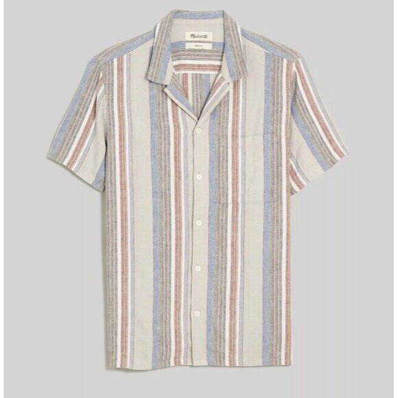 Madewell Shirt Men’s Small Beige Easy Short-Sleeve Stripe Linen Faded Wicker New - Picture 1 of 15